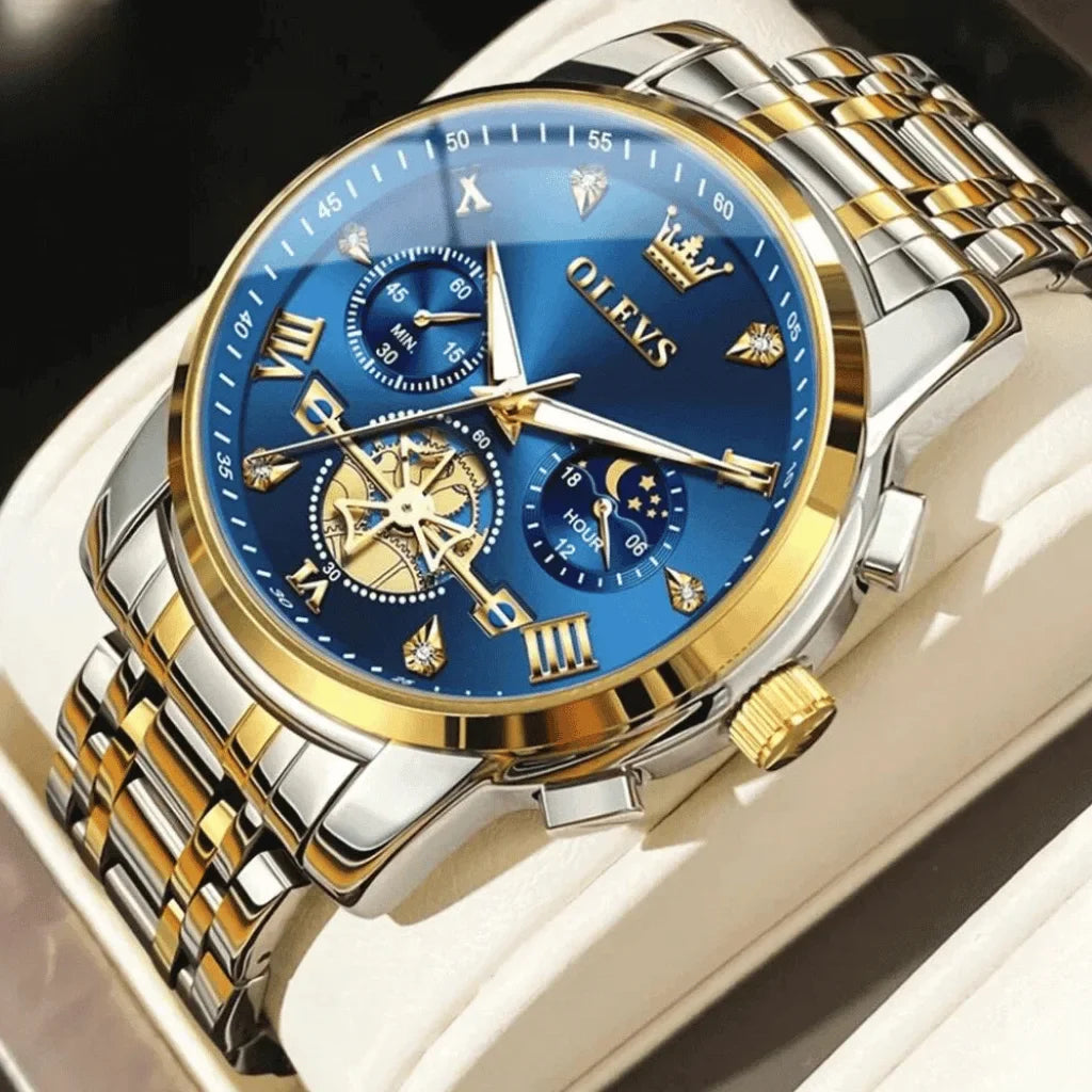 Olevs Montre Homme Chronographe Grenoble | Doré/Bleue