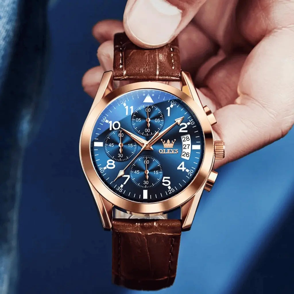 Olevs Montre Homme Bracelet en Cuir Rennes | Brun et Bleue